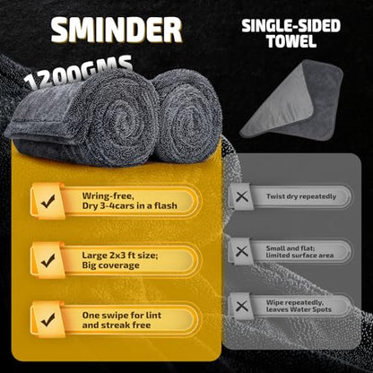 SMINDER 2-Pack 1200 GSM Car Drying Towels – Microfiber Towels for Cars (36" x 24"), Ultra-Absorbent, Streak-Free, Scratch-Free, No Water Spots, Double-Twist Pile & Edgeless Design - color: Gray