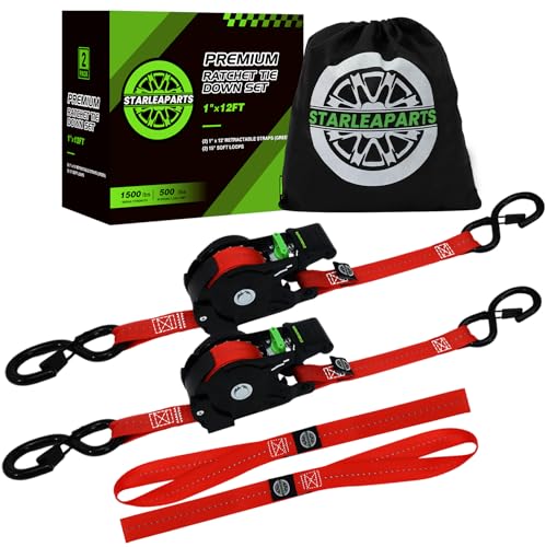 STARLEAPARTS Retractable Ratchet Straps(2PK 1.0INX12FT) - 1,500lb Break Strength, Ratchet Strap Heavy Duty with Rubber Coated Handle, Perfect Auto Ratchet Straps for Motorcycle, Kayak and Trucks - color: Red, size: 2PK -1,500LBS