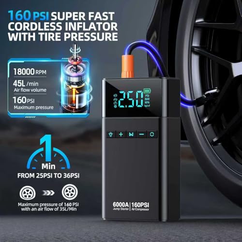 10-in-1 Portable Car Battery Jump Starter with Air Compressor, 6000A 160PSI Portable Car Jumper Starter (All Gas 12L Diesel), 12V Jump Box Car Battery Jump Starter with Jumper Cables, Lights