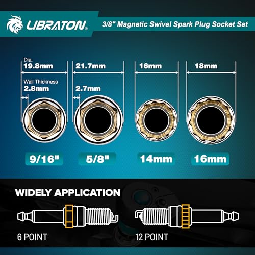 LIBRATON 8PCS 3/8"Dr. Magnetic Spark Plug Socket Set, Include Gapper & Extension Bar, Swivel Head Thin Wall (5/8" 9/16" 14mm 16mm), 6&12 Point for Truck Motorcycle Auto Repair, w/4",6",10", CR-V