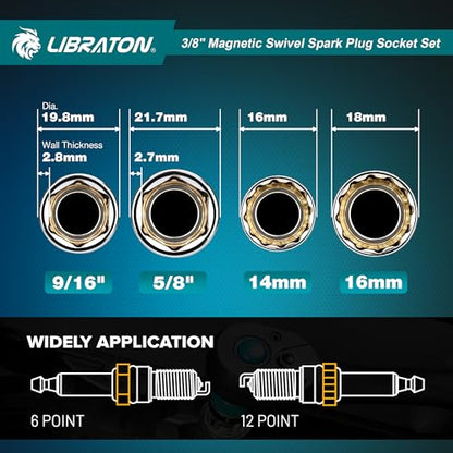 LIBRATON 8PCS 3/8"Dr. Magnetic Spark Plug Socket Set, Include Gapper & Extension Bar, Swivel Head Thin Wall (5/8" 9/16" 14mm 16mm), 6&12 Point for Truck Motorcycle Auto Repair, w/4",6",10", CR-V