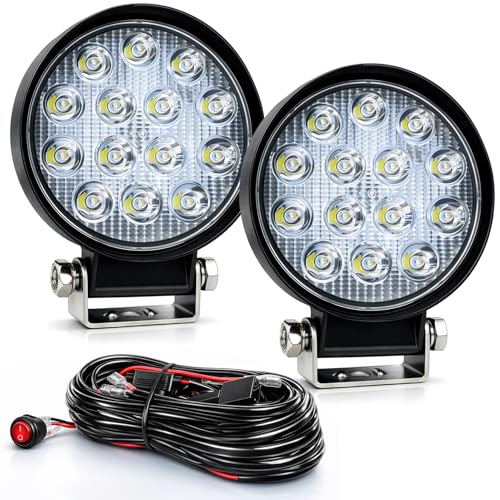 ZMOON Round LED Off Road Lights Kit, 2PCS 4.5" 84W LED Flood Light Bar with 10FT Wiring Harness (2-Lead), Driving Fog Lights for Truck ATV UTV SUV Boat - color: 4.5in Round LED Light Bar with Wiring Harness