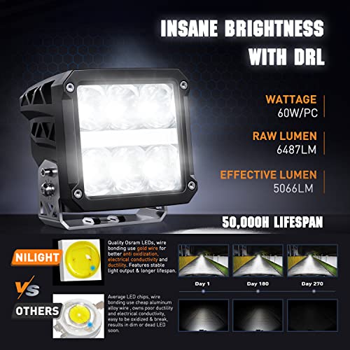 Nilight 4 Inch Square LED Pod Lights with DRL 60W 6487LM 10 Degree Super Spot Beam 16AWG Wiring Harness Kit for Auxiliary Offroad Driving Work Lamp for Truck UTV ATV SUV 4x4 Jeep - color: 6LED Spot Pod w/ White DRL