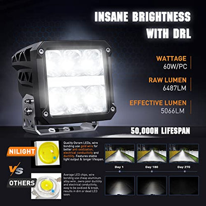 Nilight 4 Inch Square LED Pod Lights with DRL 60W 6487LM 10 Degree Super Spot Beam 16AWG Wiring Harness Kit for Auxiliary Offroad Driving Work Lamp for Truck UTV ATV SUV 4x4 Jeep - color: 6LED Spot Pod w/ White DRL