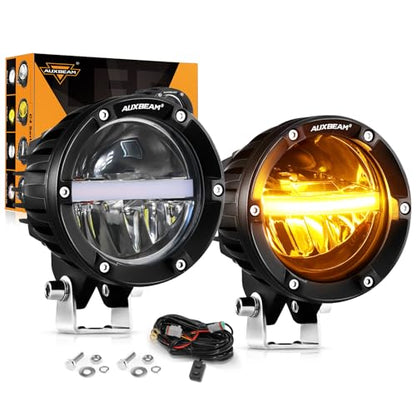 Auxbeam 4In LED Offroad Lights 2PCS, 110W Round LED Pods Auxiliary Driving Light with Amber DRL Design, Super Bright Light Bar Round Fog Light Wiring Harness for Truck Pickup SUV ATV UTV 4x4 - color: White Beam with DRL