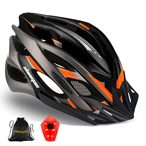 Bike Helmet Men Women, Shinmax Bicycle Helmet with Rear Light and Detachable Visor - color: Black Orange Titanium, size: Large (57-62 cm)