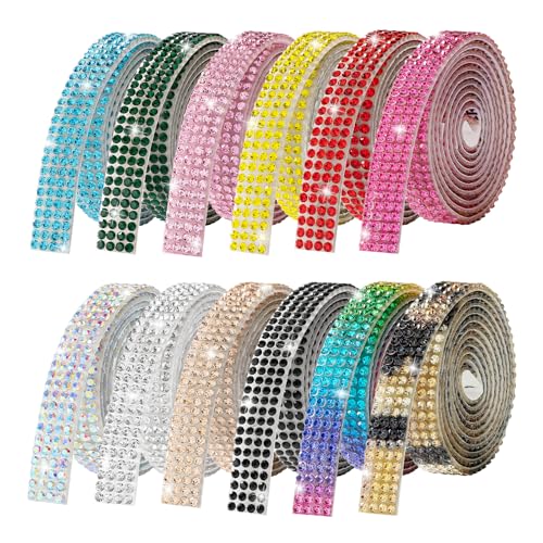 Rhinestone Ribbon Self Adhesive Crystal Rhinestones, 12-Rolls Bedazzling Strips, 12-Yard Rhinestone Strips for DIY Craft, Bedazzling Kit for DIY Craft, Rhinestones for Crafting Art Decoration - color: 12 Colors