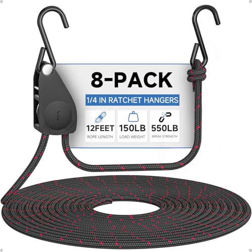 Fondwell 1/4" Tie Downs Ratchet Straps: 8 Pack of Heavy Duty Adjustable Rope Hangers for Various Hanging and Strapping - size: 1/4" 8-Pack