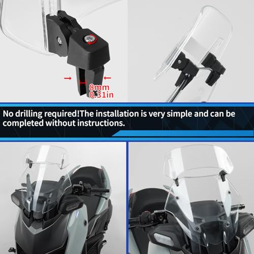 350*150mm Motorcycle Windshield, PC Plastic Front Fairing Windscreen No-Drill Mount, Heightened Design Wind Screen Windshield Spoiler Air Deflector Fits Cruiser/Touring/Retro/Scooter (Clear)