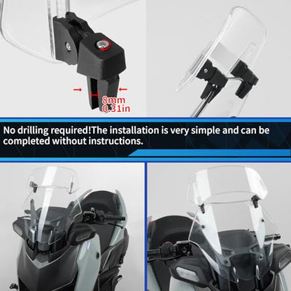350*150mm Motorcycle Windshield, PC Plastic Front Fairing Windscreen No-Drill Mount, Heightened Design Wind Screen Windshield Spoiler Air Deflector Fits Cruiser/Touring/Retro/Scooter (Clear)