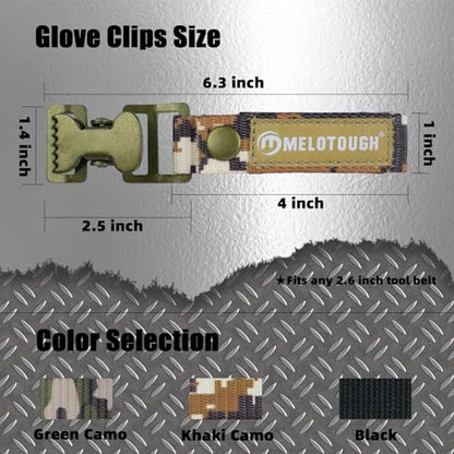 MELOTOUGH Glove Clip Tactical Glove Clips Work Glove Holders Strap with Alligator Clip for Tool Belt,Tool Bag,Tool Backpack - color: Khaki Camo