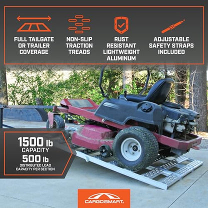 CargoSmart Aluminum Tri-Fold Ramp with Treads, 1 Pack — 1,500lb Capacity/500lb per Section, 50” W x 76” L — Easily and Safely Load or Unload Push Mowers, Garden Tillers, ATVs and More