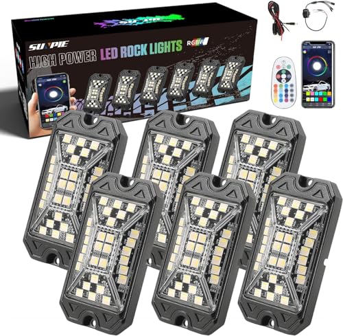 SUNPIE 6 Pods Full Angle RGBW Rock Lights Full Luminous Zone with Phone App Voice Mode Music Mode Neon Accent Wheel Well Lights for Off Road Truck SUV ATV UTV Boats (6Pcs) - size: 6Pcs