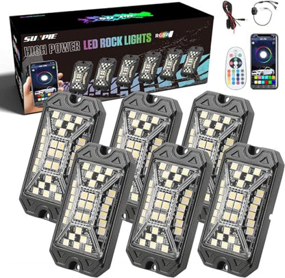 SUNPIE 6 Pods Full Angle RGBW Rock Lights Full Luminous Zone with Phone App Voice Mode Music Mode Neon Accent Wheel Well Lights for Off Road Truck SUV ATV UTV Boats (6Pcs) - size: 6Pcs