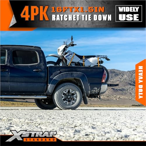 XSTRAP STANDARD 4 Pack 1.5" x 16' Ratchet Straps Double J Hook - 1,100 lb Capacity, 3,300 lb Break Strength, Heavy Duty Tie Down Straps for Truck, Motorcycle & Cargo Hauling - style: 4pk 1.5'' x 16' 3300lbs yellow