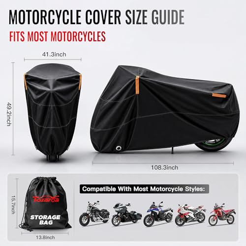 Motorcycle Cover Waterproof Outdoor Heavy Duty All-Weather UV Protection with Reflective Strips & Lock Holes,Storage Bag,Sport,Fits Most Cruiser,Touring,Street,Dirt Bike (Length up to 108") - size: 108"(4XL)