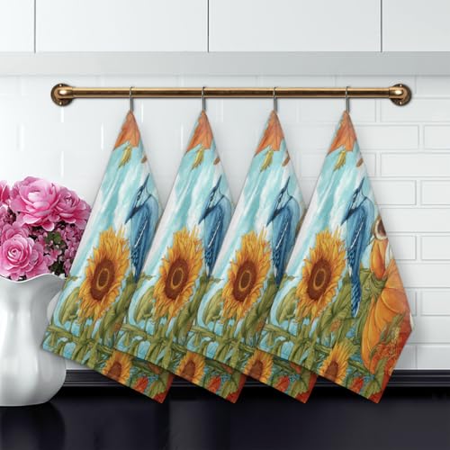 Sunflower Birds Kitchen Towels Set of 2 Autumn Pumpkin Squirrel Dish Towels Bar Absorbent Cleaning Tea Towel for Home Dining Restaurants - color: Sunflower Birds Autumn Pumpkin Squirrel