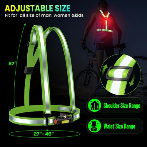 LED Reflective Sash Safety Gear, Running Lights for Runners at Night, High Visibility USB Rechargeable Light for Jogging Running Cycling Walking Motorcycle. - color: green vest