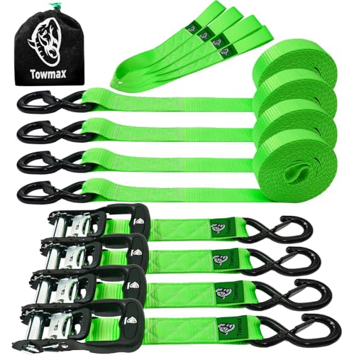 Ratchet Straps Heavy Duty 4 Pack -1.5 Inch x 8 Feet (5,208LB Break Strength)- Motorcycle Tie Down Straps -1.5xThickened Wear-Resistant Ratchet Tie Down Set for Powersports, Motorcycle or Moving Cargo - color: Green, size: 5208ft - 8ft