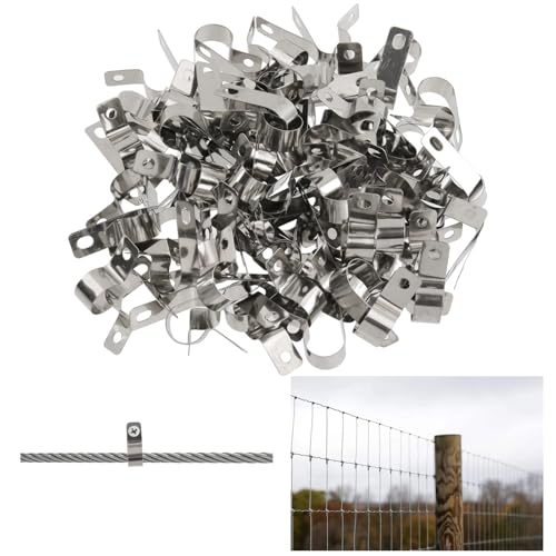 Antrader Stainless Steel Wire Fence Clips,Fencing Mounting Clips,100Pcs | Agricultural Fencing Fence Wire Clamps with Screws, - color: Silver Tone, size: 0.47 Inch