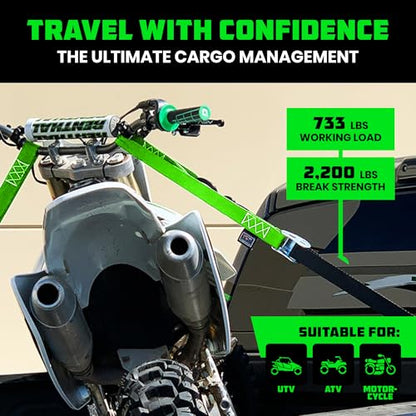 Rhino USA Motorcycle Tie Down Straps (2 Pack) Lab Inspected 2,200lb Break Strength, Steel Cambuckle Tiedown Set with Integrated Soft Loops - Better Than a Ratchet Strap (Green 2-Pack) - color: Green 2-Pack