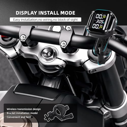 Motorcycle Tire Pressure Monitoring System, Motorcycle TPMS System with 2 External Sensors, LCD Display, IP67 Waterproof Dustproof, Motorbike Tyre Temperature Alarm, Two-Wheeled Motorcycle TPMS