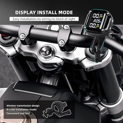Motorcycle Tire Pressure Monitoring System, Motorcycle TPMS System with 2 External Sensors, LCD Display, IP67 Waterproof Dustproof, Motorbike Tyre Temperature Alarm, Two-Wheeled Motorcycle TPMS