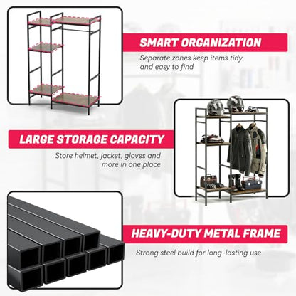 TONGMO Motorcycle Gear Rack, Heavy Duty Helmet Stand, Large Motorcycle Gear Storage Rack for Helmet, Jacket, Boots & Riding Accessories