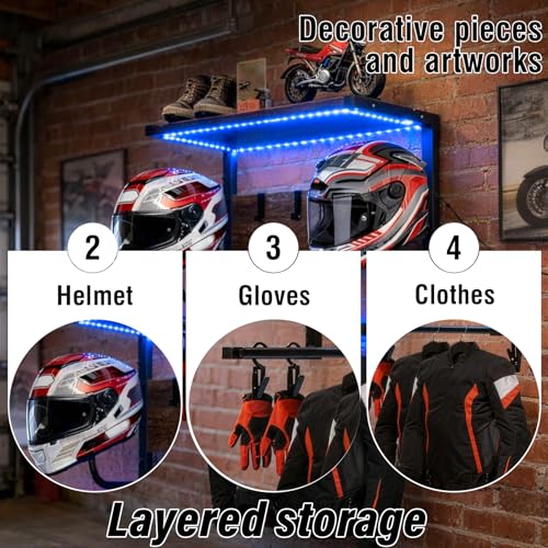 Motorcycle Helmet Rack Wall Mount with Light, Black & Steel Motorcycle Helmet Rack With RGB Light, Waterproof Heavy Duty Helmet Display Shelf for Jackets, Gear & Motorcycle Accessories Storage - size: Small