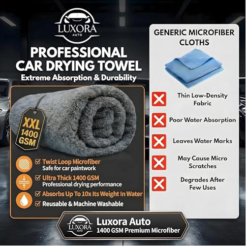 Car Drying Towel Extra Large 36" x 24" 1400 GSM Twisted Loop Microfibre - Charcoal Drying Towel Car Detailing, Double-Sided Edgeless Design, Super Absorbent, Durable Machine Washable and Lint-Free