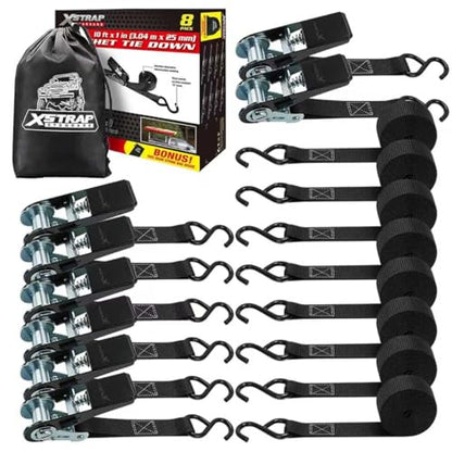 XSTRAP STANDARD 8-Pack Ratchet Tie Down Straps, 1" x 10ft, 900lb Break Strength Heavy Duty Straps for Motorcycles, ATVs, Lawn Equipment, Appliances & Truck Cargo - Black - color: Black