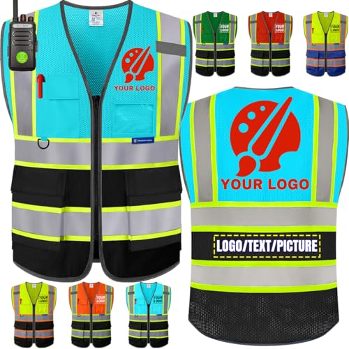 BeautyWill Personalized Team Vest: Class 2 Hi-Vis Safety Vest for Men | Custom Logo & 5 Reflective Pockets - color: 003-blueblack-mesh-1pcs, size: Large