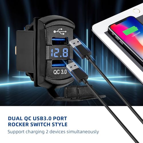 Anina QC Dual USB3.0 Car Charger Port Rocker Switch Style, 12V-24V Waterproof USB Socket with Blue LED Voltmeter, Universal Fast Charge USB Replacement for Marine Toggle Switch Panel on Boat Truck RV