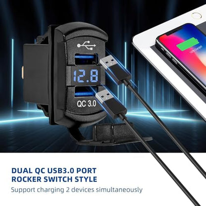 Anina QC Dual USB3.0 Car Charger Port Rocker Switch Style, 12V-24V Waterproof USB Socket with Blue LED Voltmeter, Universal Fast Charge USB Replacement for Marine Toggle Switch Panel on Boat Truck RV