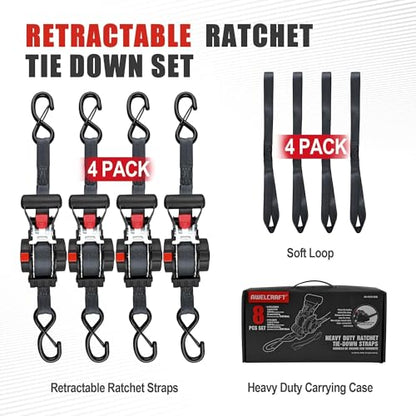 AWELCRAFT Retractable Ratchet Straps 4 Pack,Heavy Duty 1In x 12 Feet 1500lb Break Strength,Auto Self Retracting Tie Down,S-Hook with Safety Clips for Trucks,Cargo,ATV,Motorcycle