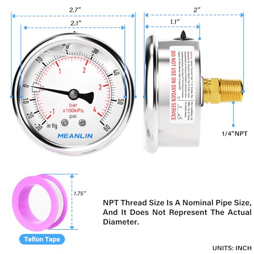 MEANLIN MEASURE -30inHG~60Psi Vacuum Pressure Gauge 1/4" NPT 2.5" FACE DIAL, Stainless Steel Liquid Filled Pressure Gauge WOG Water Oil Air Center Back Mount - size: -15-60Psi