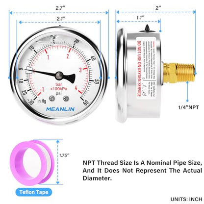 MEANLIN MEASURE -30inHG~60Psi Vacuum Pressure Gauge 1/4" NPT 2.5" FACE DIAL, Stainless Steel Liquid Filled Pressure Gauge WOG Water Oil Air Center Back Mount - size: -15-60Psi