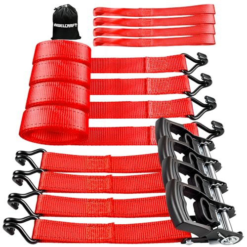 AWELCRAFT Ratchet Straps(4 Pack),3300lb Breaking Strength,1.5in×10ft Heavy Duty Tie Down Ratcheting with Padded Handles,Double J Hooks & 4 Soft Loops for Trailer,Trucks,Motorcycle(Red) - color: Red