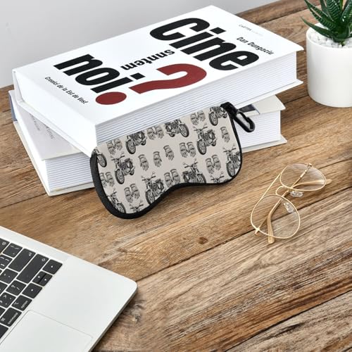 Motorcycle Gloves Beige Print Glasses Case Soft Sunglasses Pouch with Zipper Carabiner Clip, Portable Eyeglass Holder for Men Women, Fits Most Eyewear, Scratch-Resistant (6.7x3.3in)