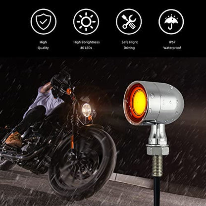 Motorcycle Rear Turn Signals LED Brake Tail Lights 2 Pack, 40 Leds Retro Round Taillight Blinkers, Universal Fit Harley Davidson Bobber Copper Honda Kawasaki Suzuki Triumph (Chrome) - color: 2051-rear-chrome