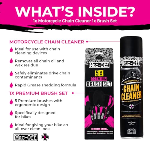Muc-Off Motorcycle Chain Cleaner + 5x Bike Brush Kit | Motorcycle Chain Degreaser Cleaner with Chain Cleaning Brush Set | Instant Grease Cutting Formula | Easy to Use - size: 3.5 Fl Oz + 5 Brush Set
