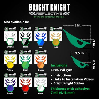 Bright Knight Decals Reflective Evil Eye Stickers, 6" x 3" White Evil Eye Motorcycle Decals & Graphics for Bike & Motorcycle Helmet Stickers, Made in USA, 3 Pairs - color: White