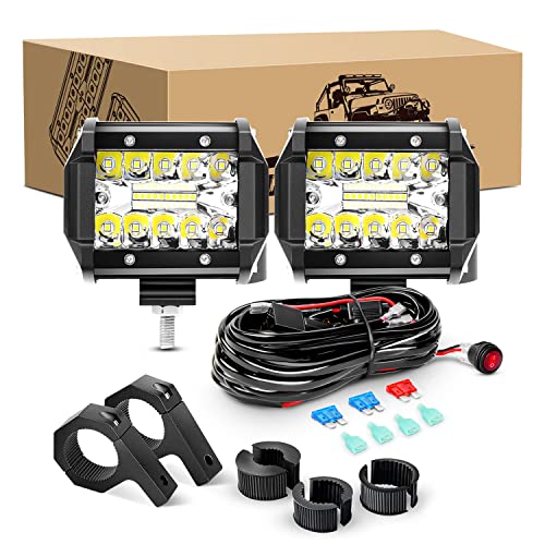 GOOACC 2PCS 60W 4 Inch Triple Row LED Pods Fog Light Mounting Bracket Horizontal Bar Tube Clamp Driving Lighting with 16AWG Off Road Wiring Harness-2 Leads for Truck Golf Cart, Clear,White (Auto-633) - color: 2Pcs LED Pods+ Clamp Bracket+ Wiring Harness
