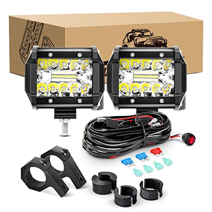 GOOACC 2PCS 60W 4 Inch Triple Row LED Pods Fog Light Mounting Bracket Horizontal Bar Tube Clamp Driving Lighting with 16AWG Off Road Wiring Harness-2 Leads for Truck Golf Cart, Clear,White (Auto-633) - color: 2Pcs LED Pods+ Clamp Bracket+ Wiring Harness