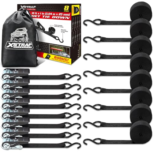 XSTRAP STANDARD Ratchet Tie Down Straps 8PK 1'' x 10 ft - 900 LB Break Strength Cargo Straps for Moving Appliances, Lawn Equipment, Motorcycle (Black) - color: Black, size: 8pk 1inchx10ft