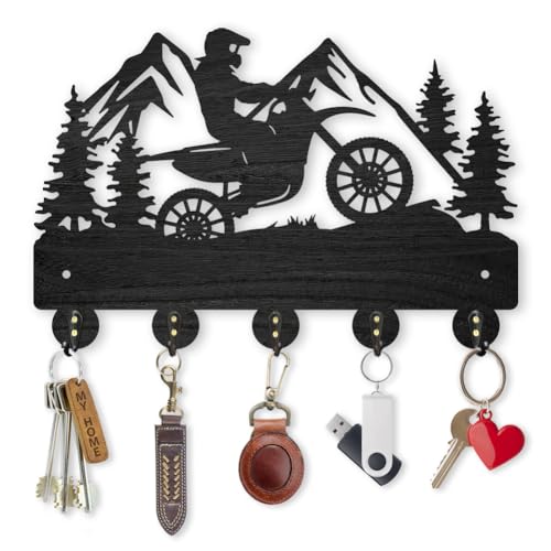MAYJOYDIY Motorcycle Mountain Forest Coat Hooks, Wall Mounted 11.8x7.9in, 5 Alloy Hooks, Rust Resistant, Wooden Key Holder, Black, 35 Pound Weight Capacity - color: Motorcycle Mountain Forest