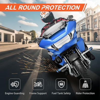 Engine Guard Flat Out Crash Bar for 2014-2025 Harley Touring Street Glide Road Glide Road King Electra Glide Ultra Models (Chrome w/Blue CNC) - color: Chrome w/Blue CNC