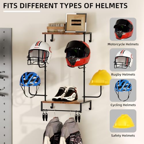 Urban Deco Motorcycle Helmet Holder Wall Mount, Helmet Rack with 4 Hat Stands, Helmet Stand for Display Wall Mount, Motorcycle Accessories Gear Storage for Men, Large - size: 30.7*11.8*15.7 inches