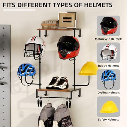 Urban Deco Motorcycle Helmet Holder Wall Mount, Helmet Rack with 4 Hat Stands, Helmet Stand for Display Wall Mount, Motorcycle Accessories Gear Storage for Men, Large - size: 30.7*11.8*15.7 inches