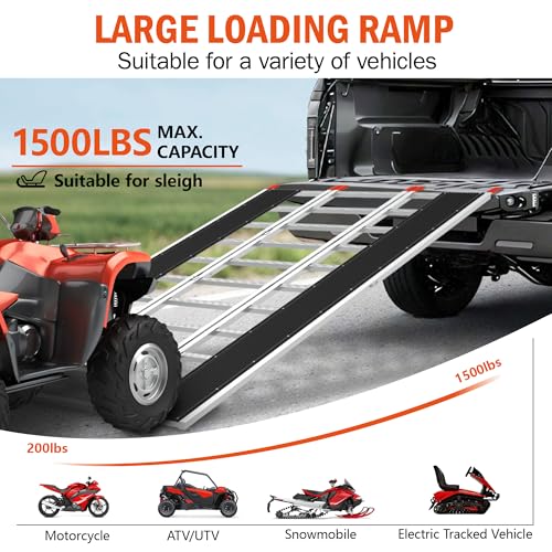 85" x 54" Aluminum Foldable Ramp, Snowmobile Loading Ramp with Wide Glides, Loading Ramps, 1500 LBS Capacity Loading Ramps with Straps for ATV/Motorcycle/Trailer - size: 1500 lbs - 85" L